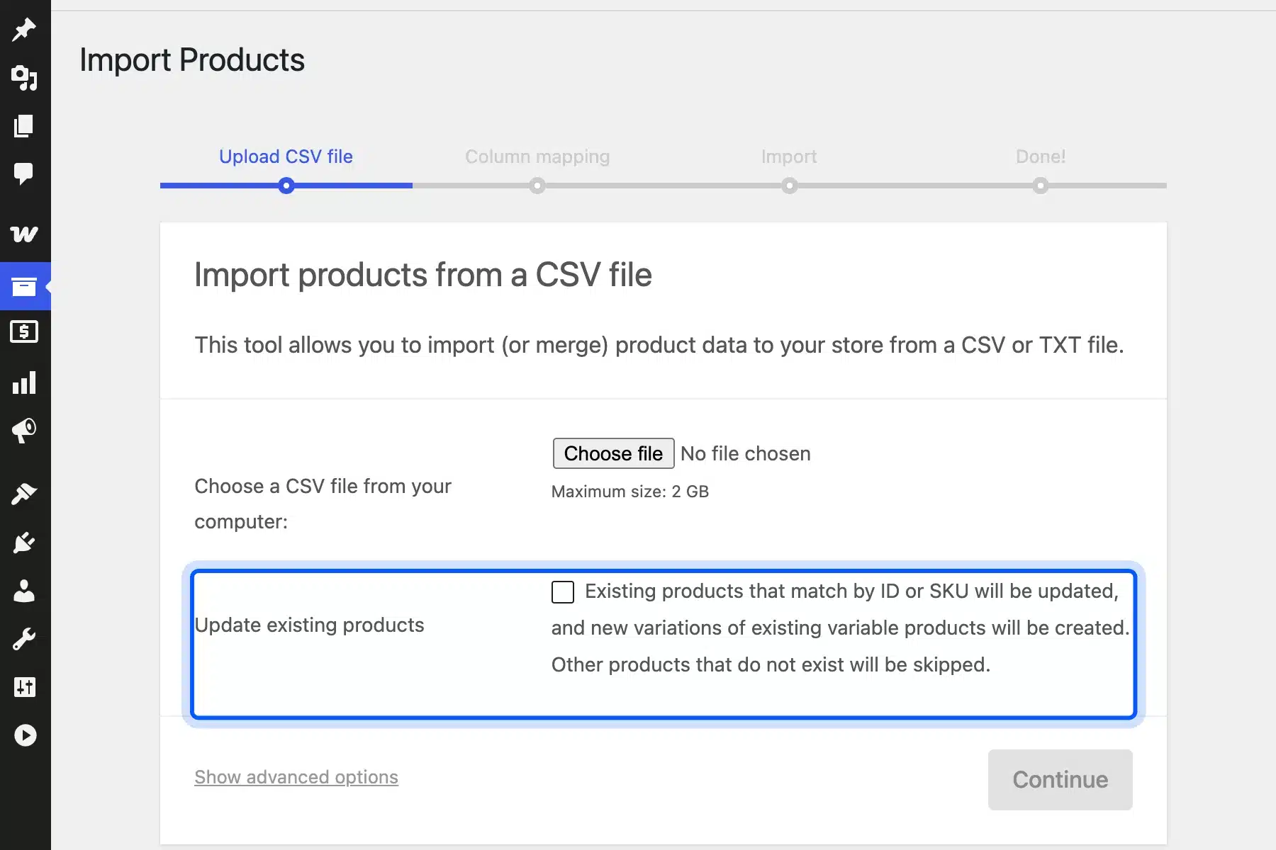 WooCommerce product importer with Update existing products option