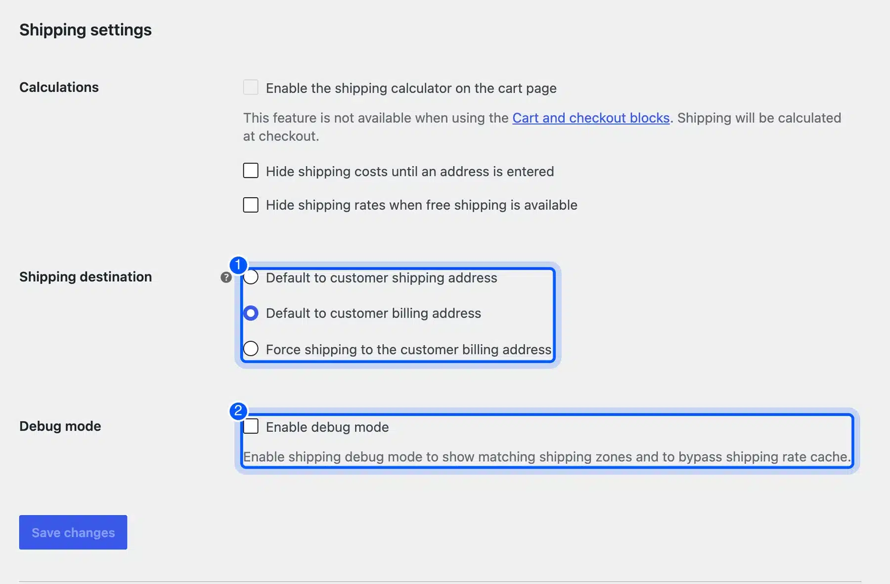 WooCommerce Shipping settings with the Shipping destination options and Debug mode checkbox highlighted