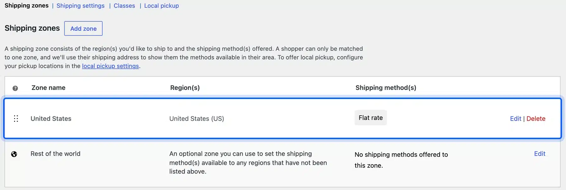 WooCommerce shipping zone for the United States with a flat rate method