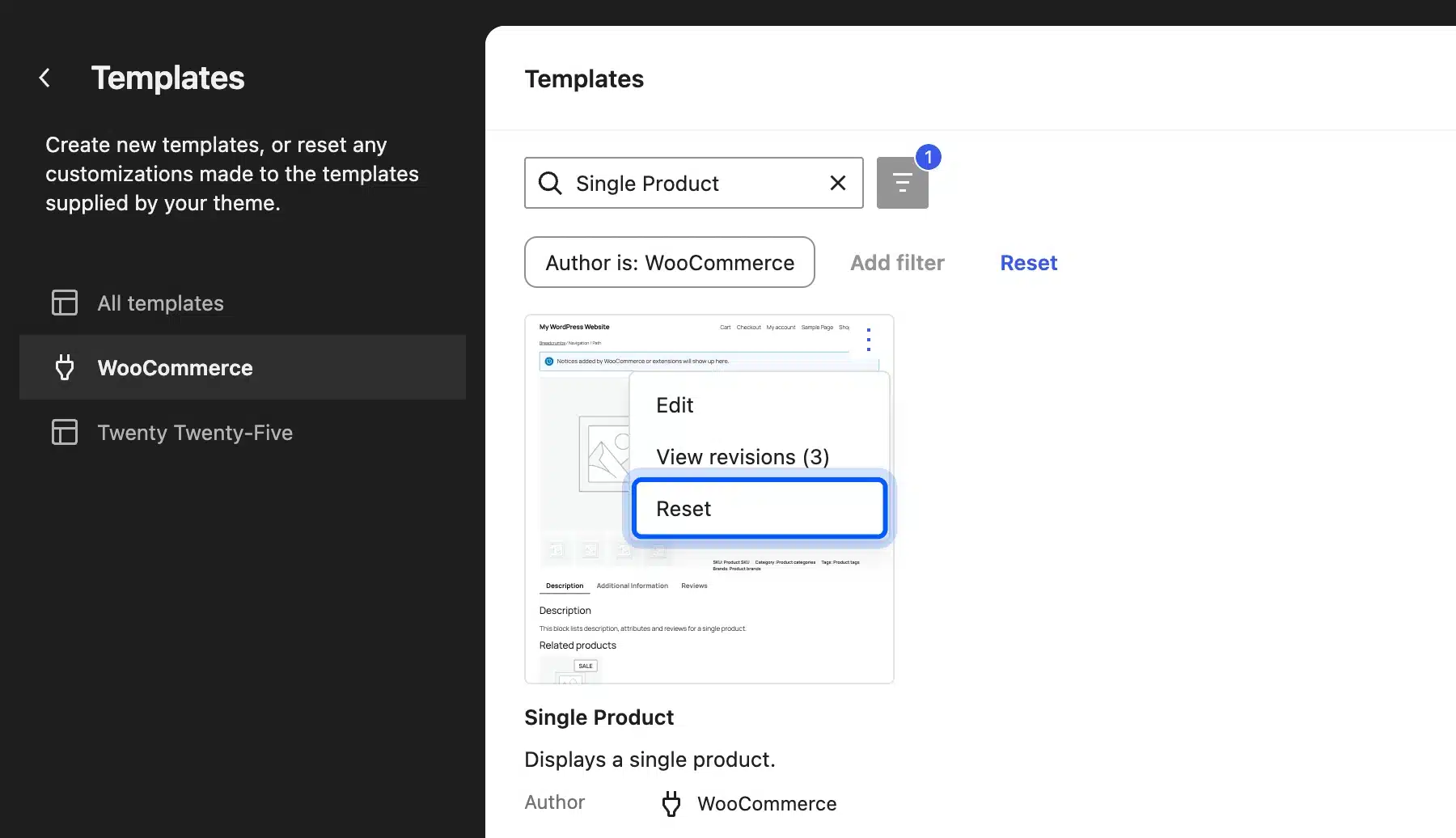 Single Product template actions menu with Edit, View revisions and Reset