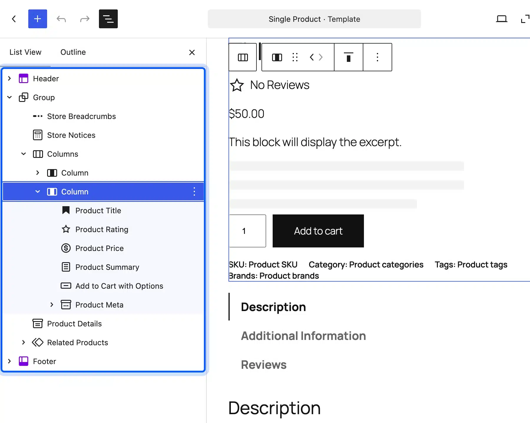 List View of the Single Product template with the WooCommerce product page blocks