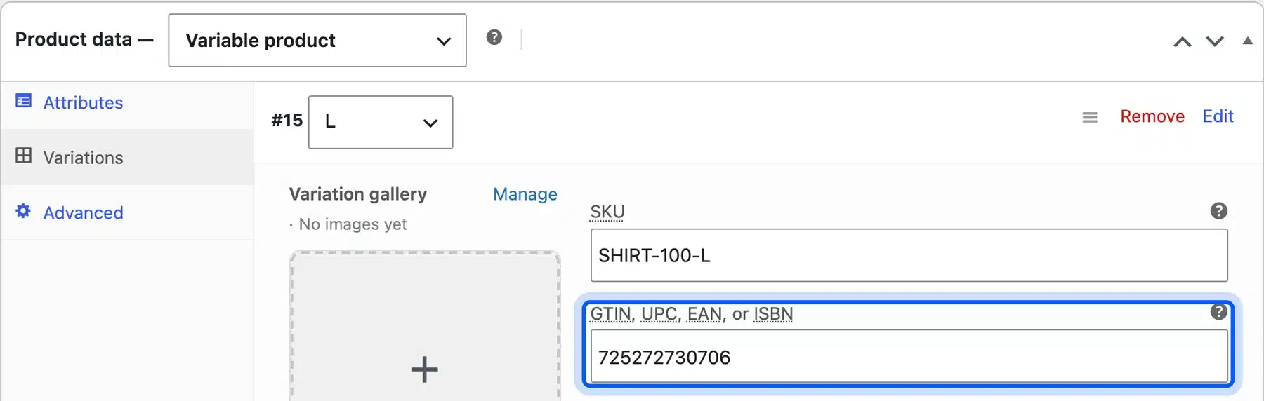 GTIN field on a WooCommerce product variation