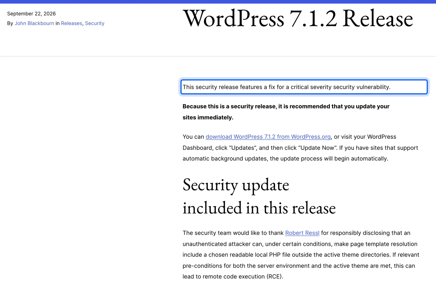 current WordPress version 7.1.2 security release announcement