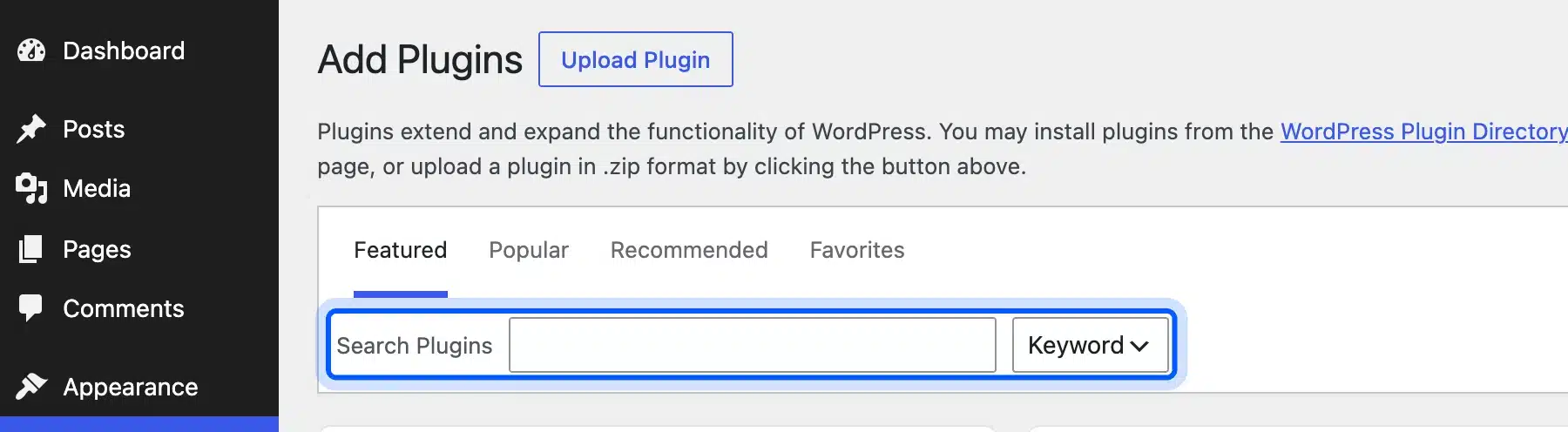 WordPress Add Plugins screen with the Search Plugins box