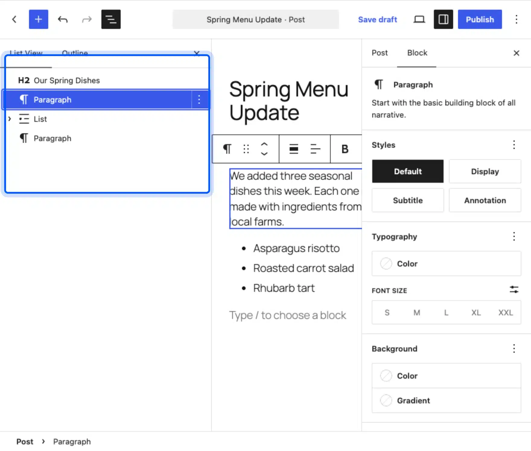 List View panel showing the blocks on the page
