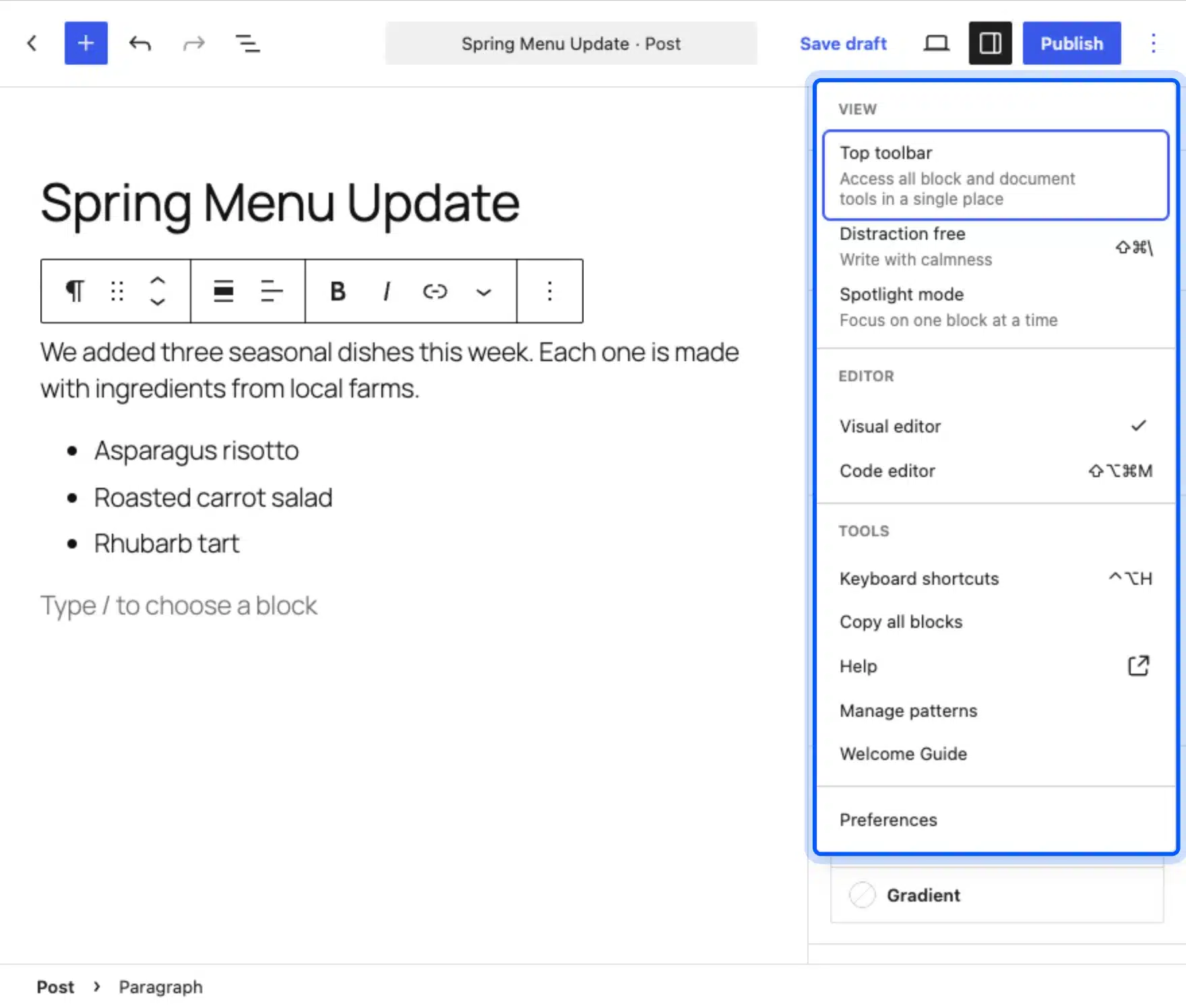 Options menu with View, Editor and Tools groups