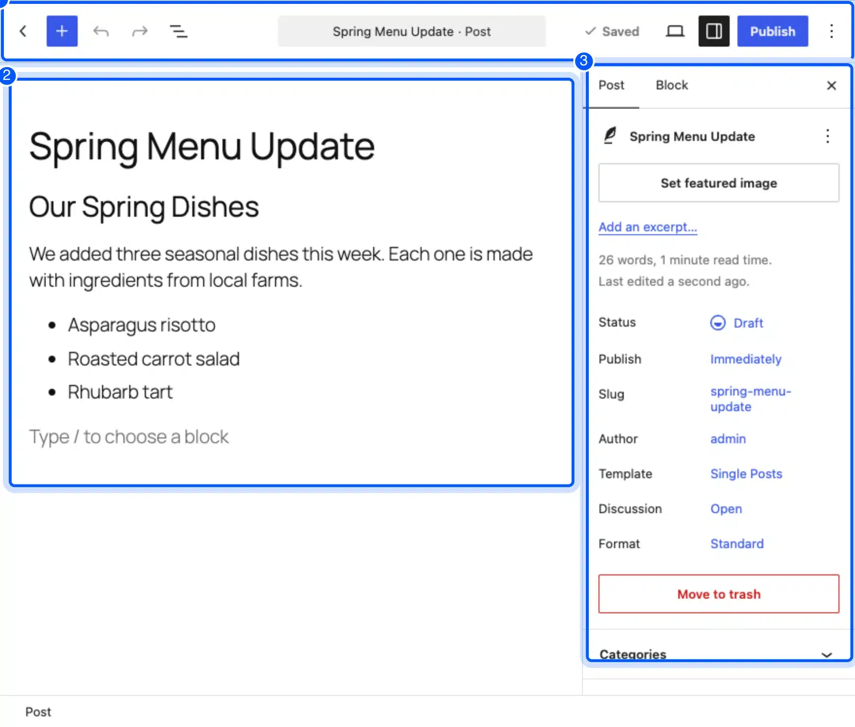 WordPress block editor with the toolbar, content area and sidebar