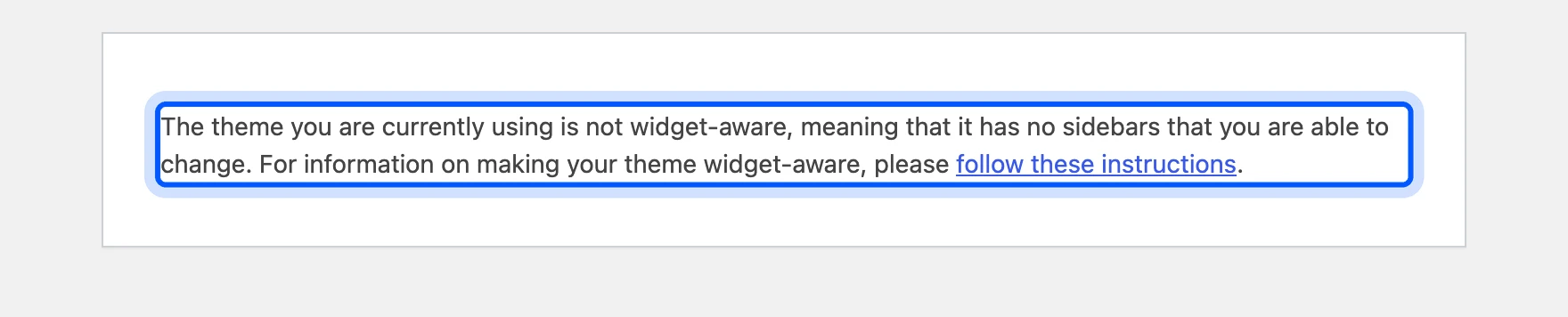 Widgets screen error on a block theme saying the theme is not widget-aware