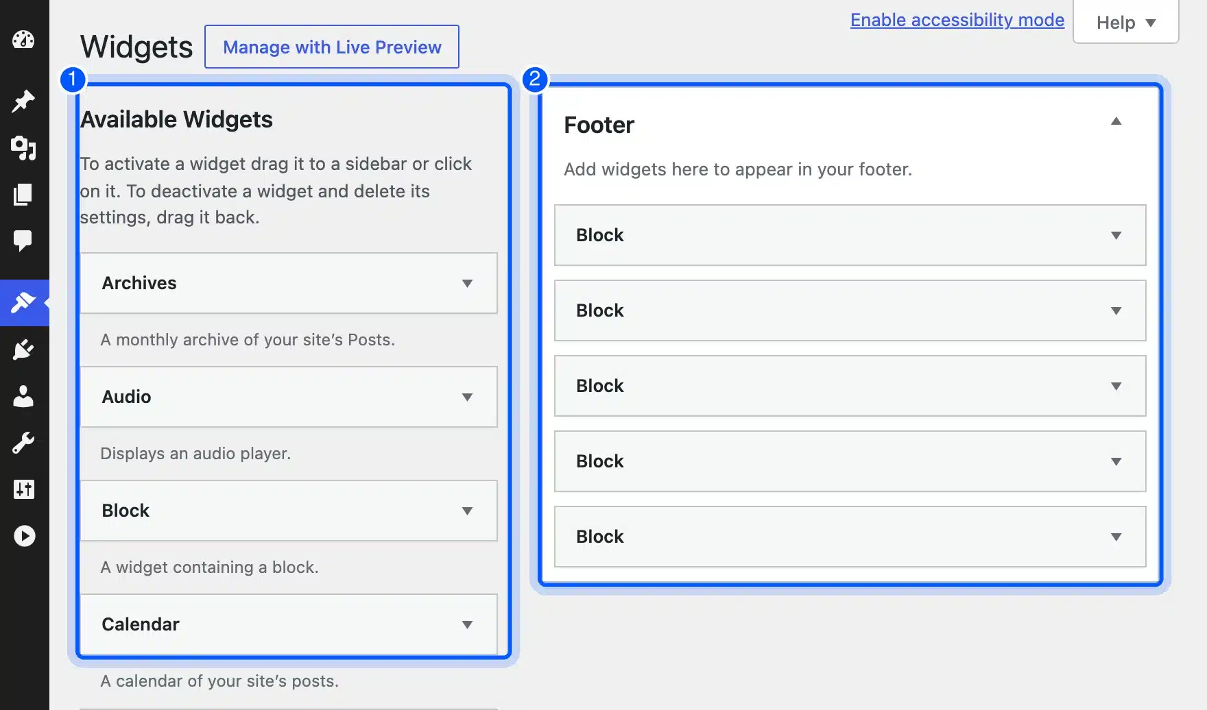 Classic Widgets screen with Available Widgets and the Footer area