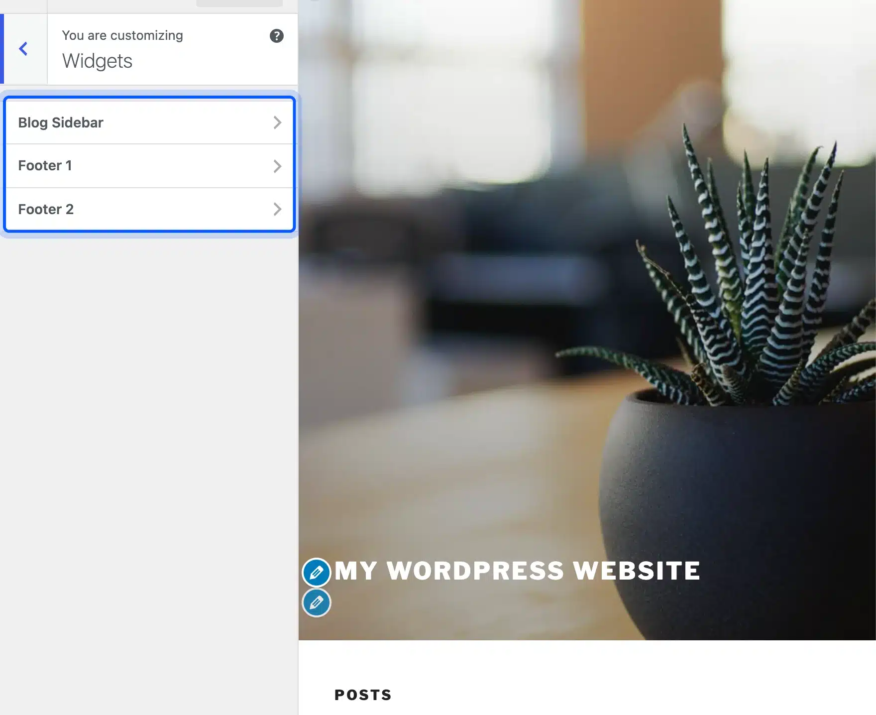 Customizer Widgets panel listing three widget areas