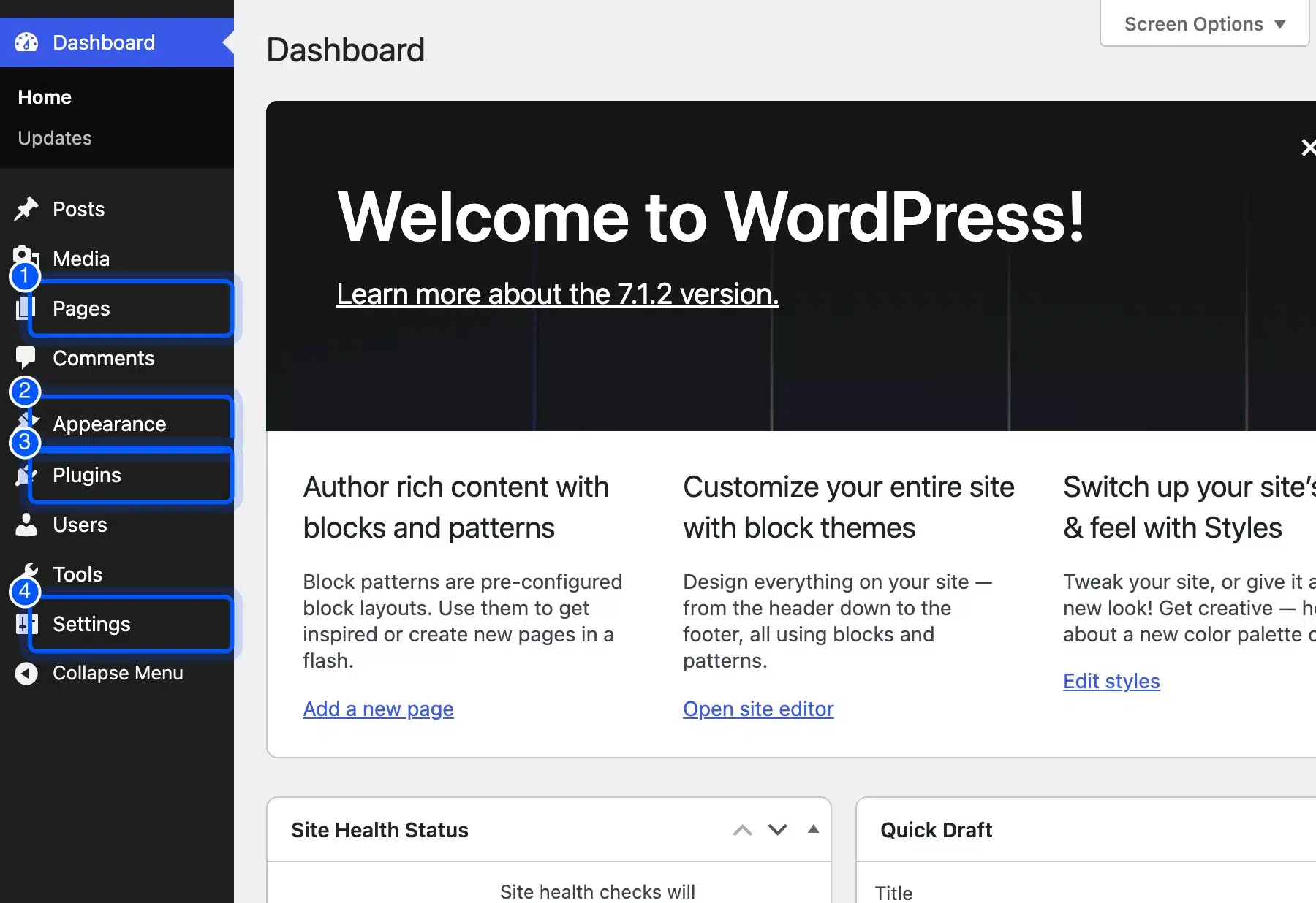 WordPress Dashboard menu showing Pages, Appearance, Plugins and Settings