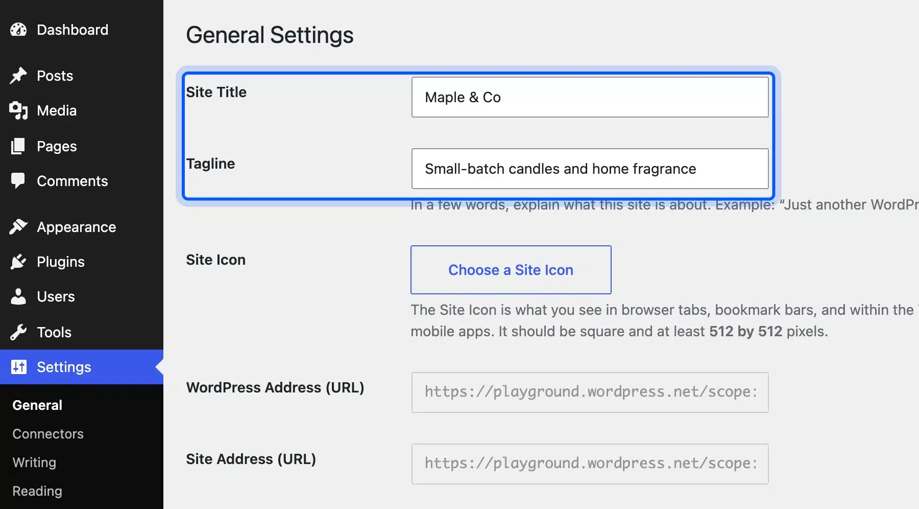 WordPress General Settings with the Site Title and Tagline fields