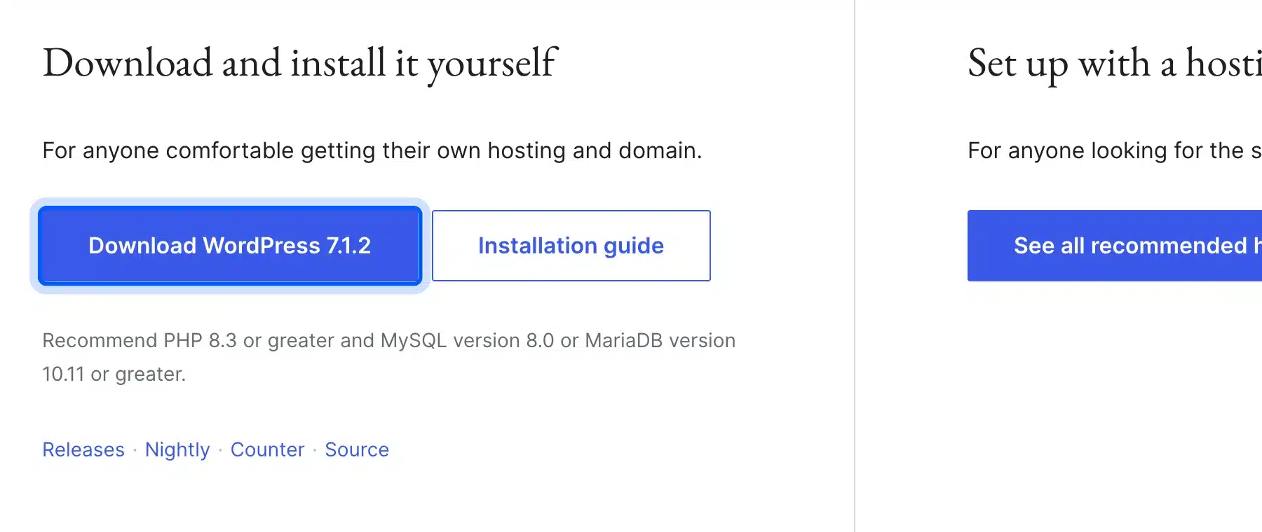 WordPress.org download page with the Download WordPress button and Installation guide