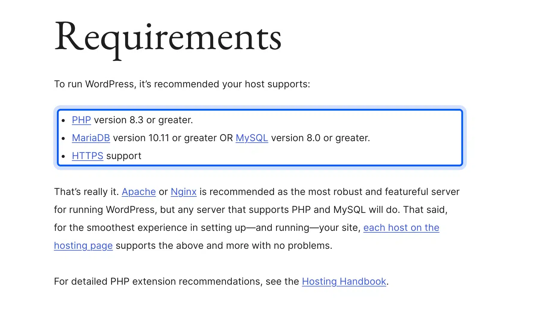 WordPress.org hosting requirements for PHP 8.3, MariaDB 10.11, MySQL 8.0 and HTTPS