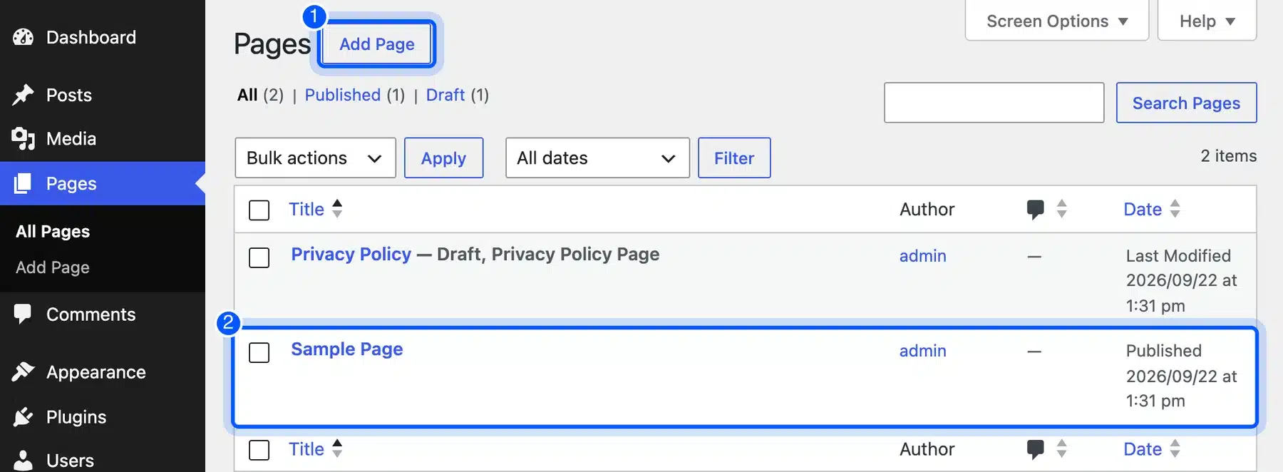 WordPress Pages list with the Add Page button and the Sample Page row