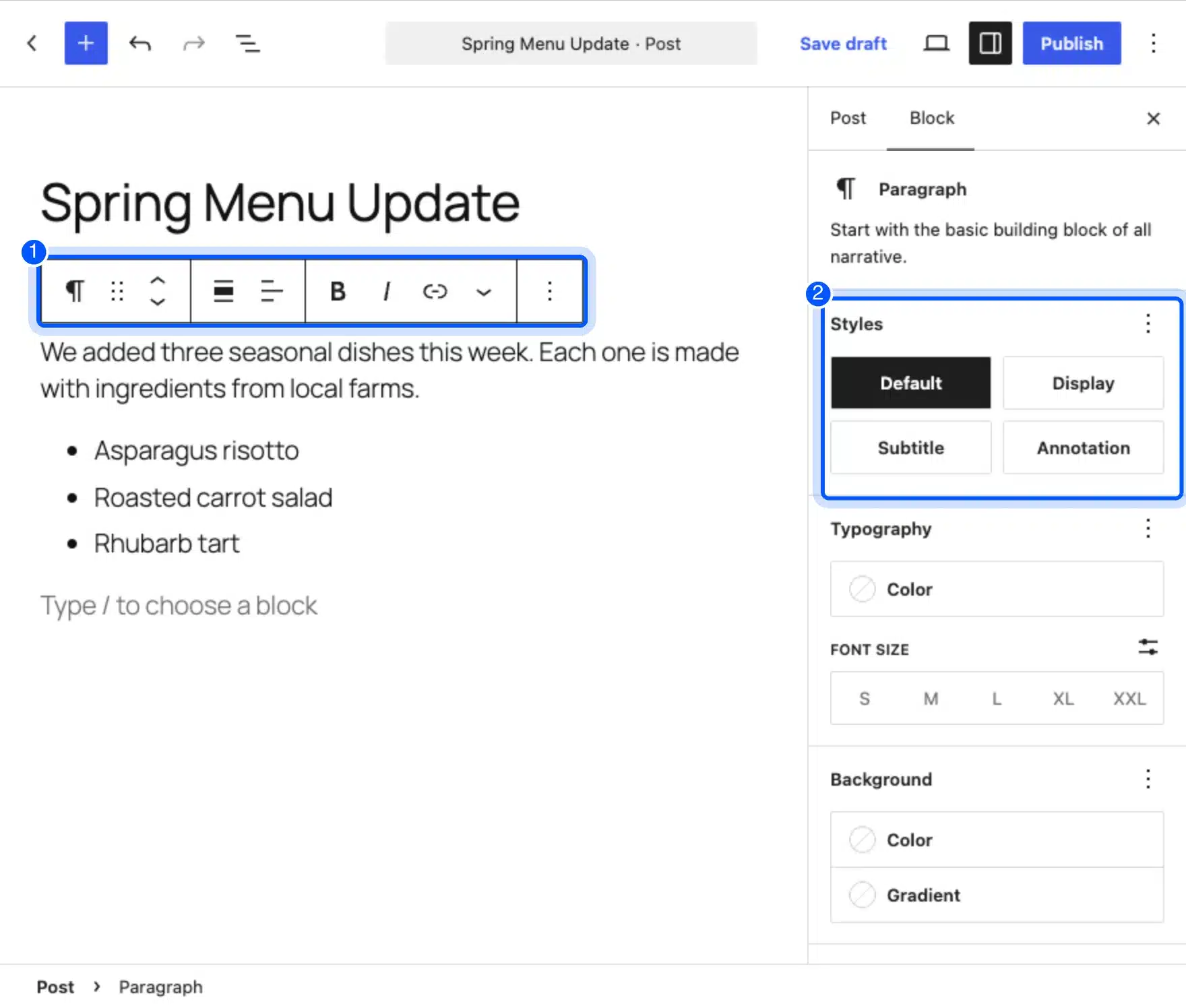 Paragraph block toolbar and Block tab settings