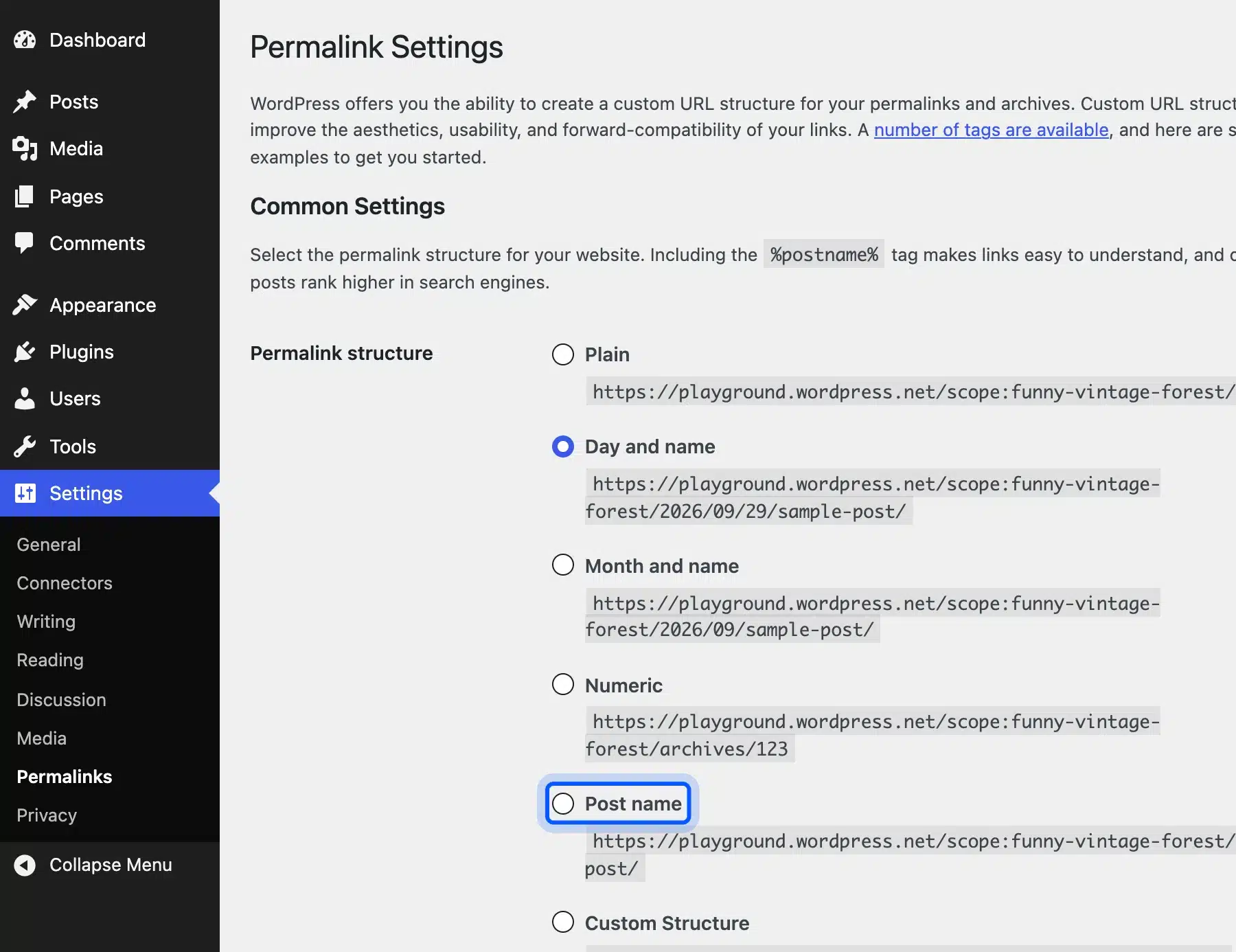 WordPress Permalink Settings with the Post name option