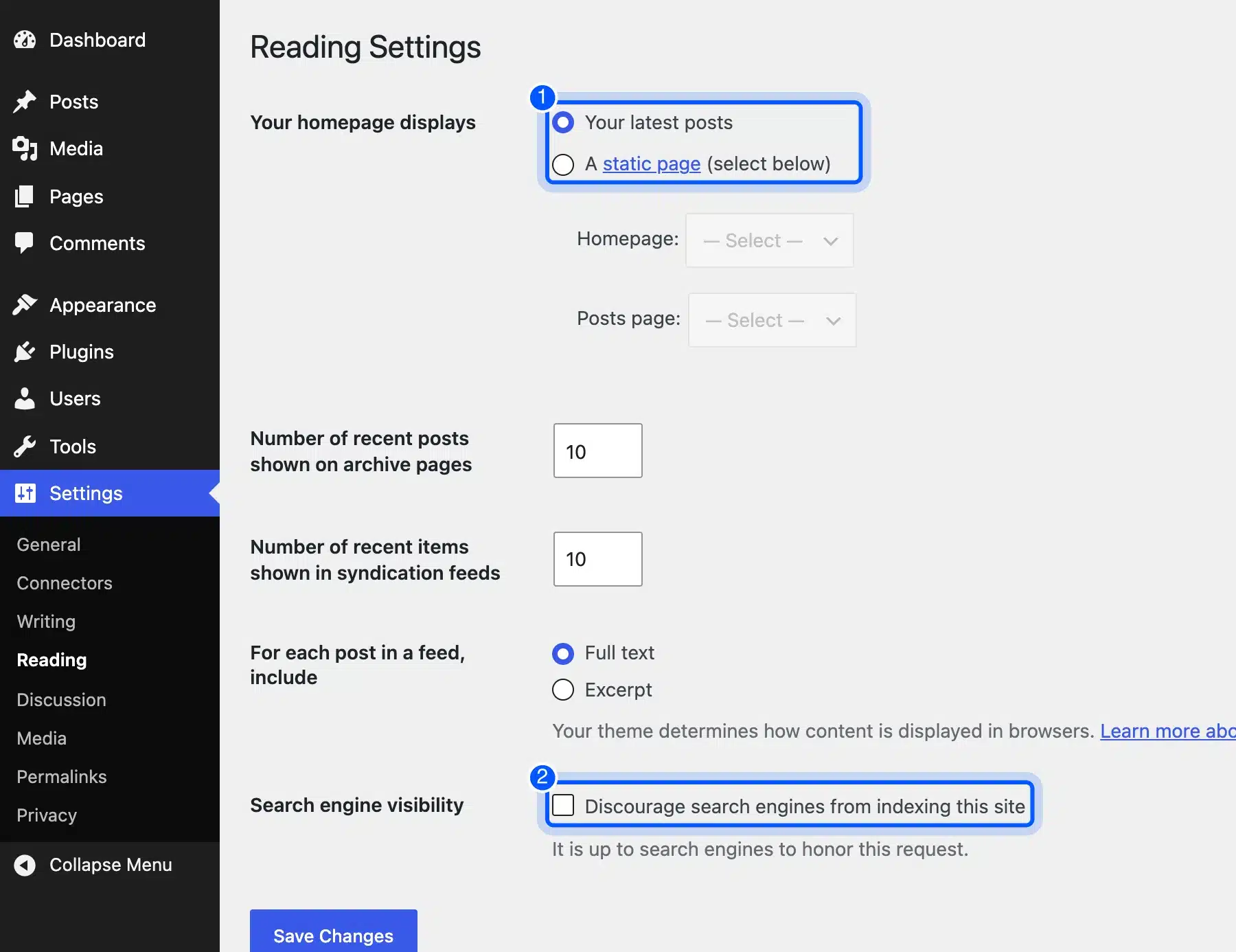 WordPress Reading Settings with the homepage displays options and search engine visibility box