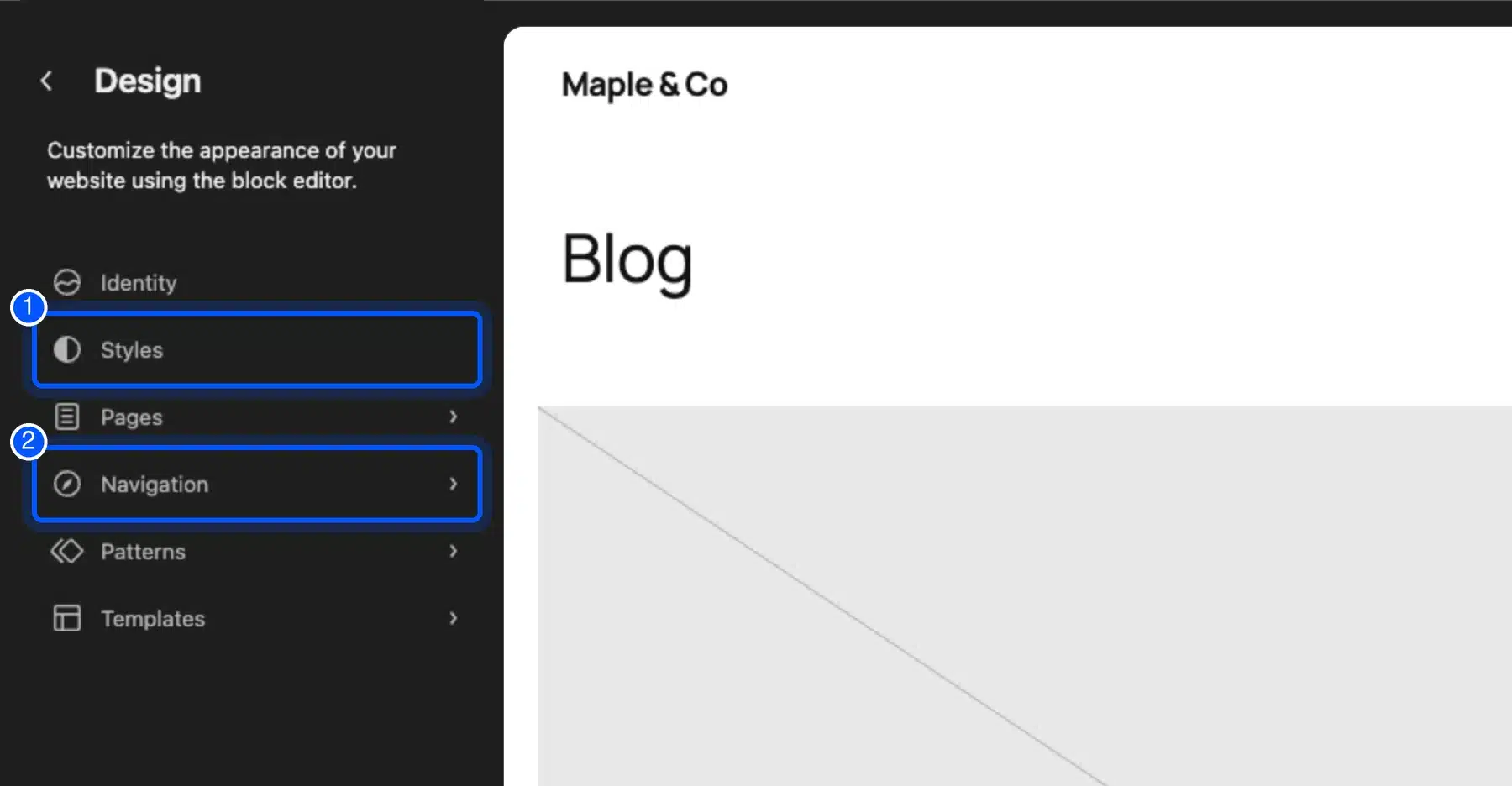 WordPress Site Editor Design menu with Styles and Navigation