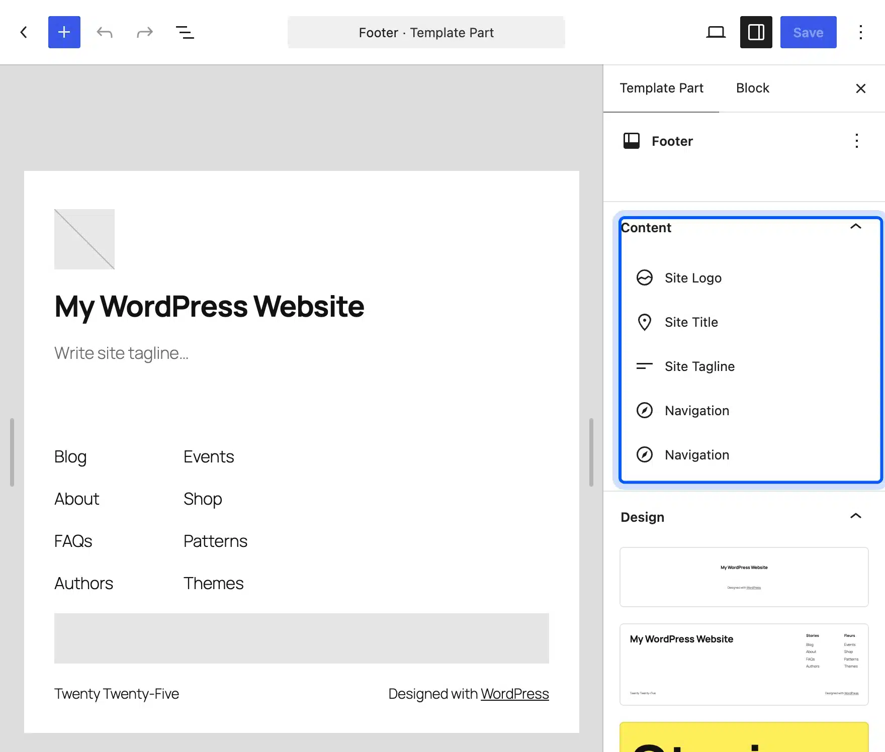 Footer template part in the Site Editor with its blocks