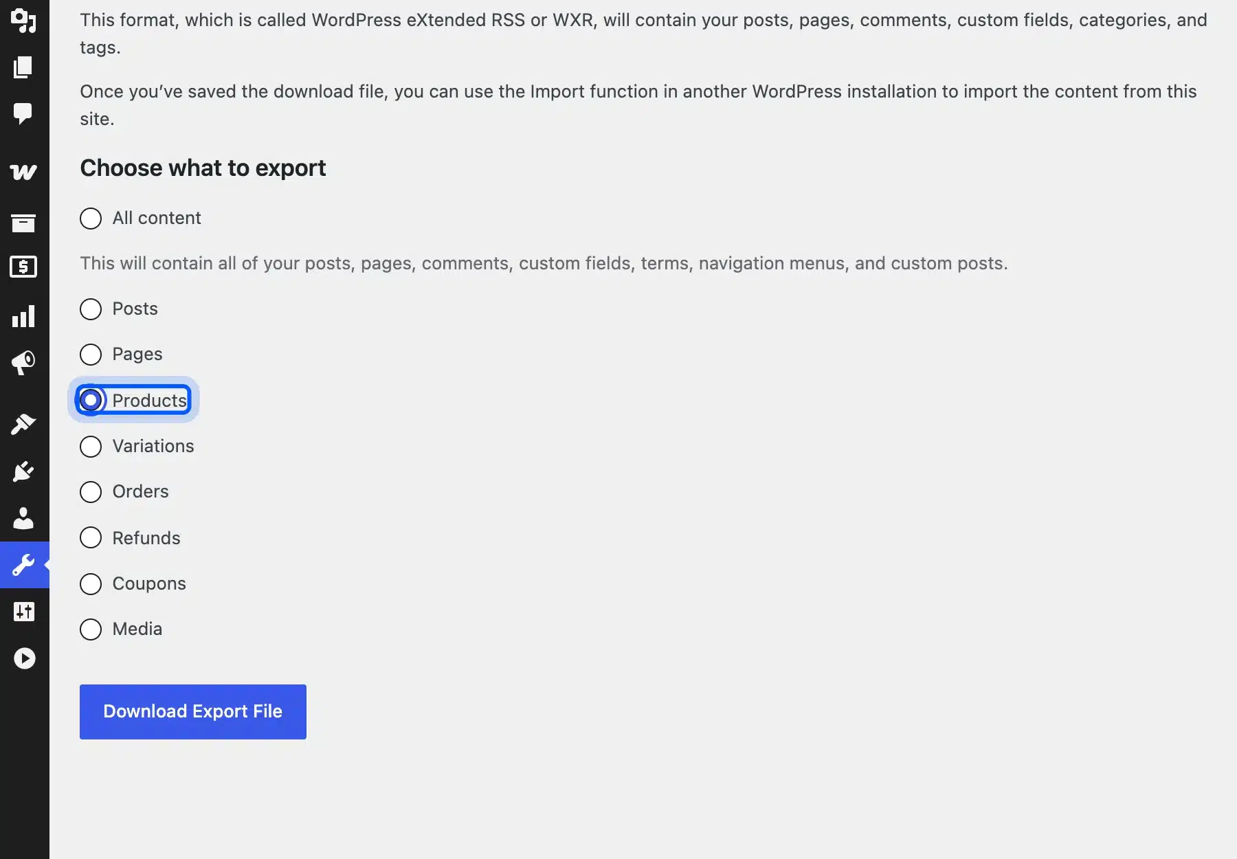 WordPress Tools Export screen with the Products option selected