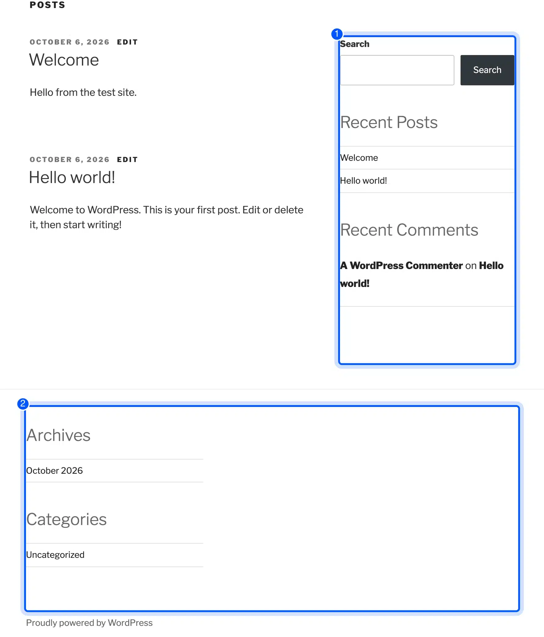 Site front end with widgets in the sidebar and the footer
