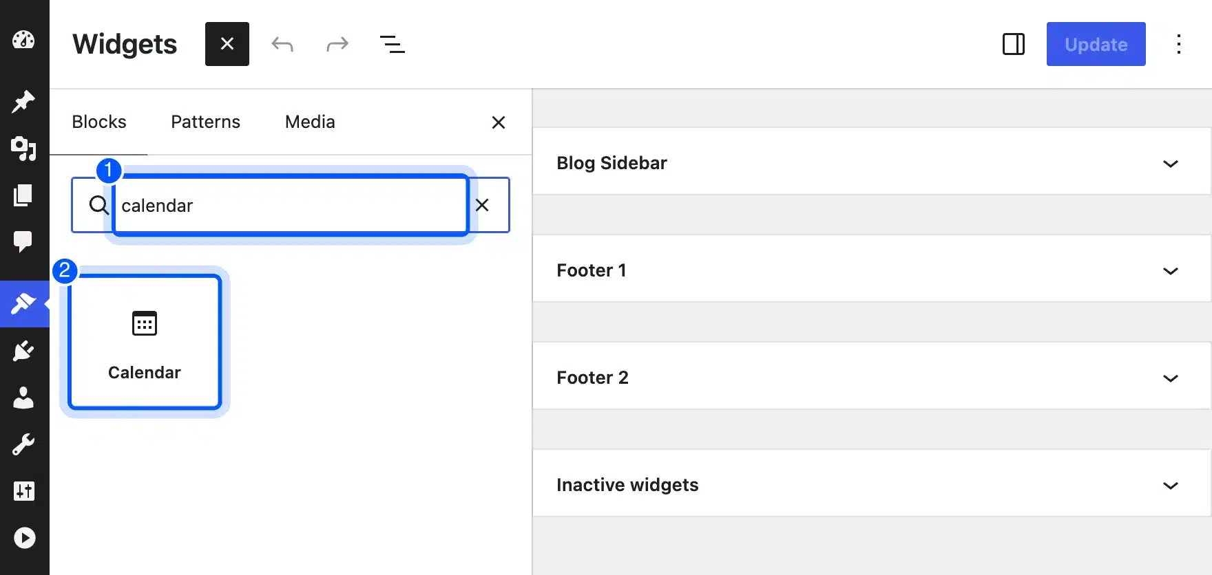 Block inserter on the Widgets screen showing the Calendar block