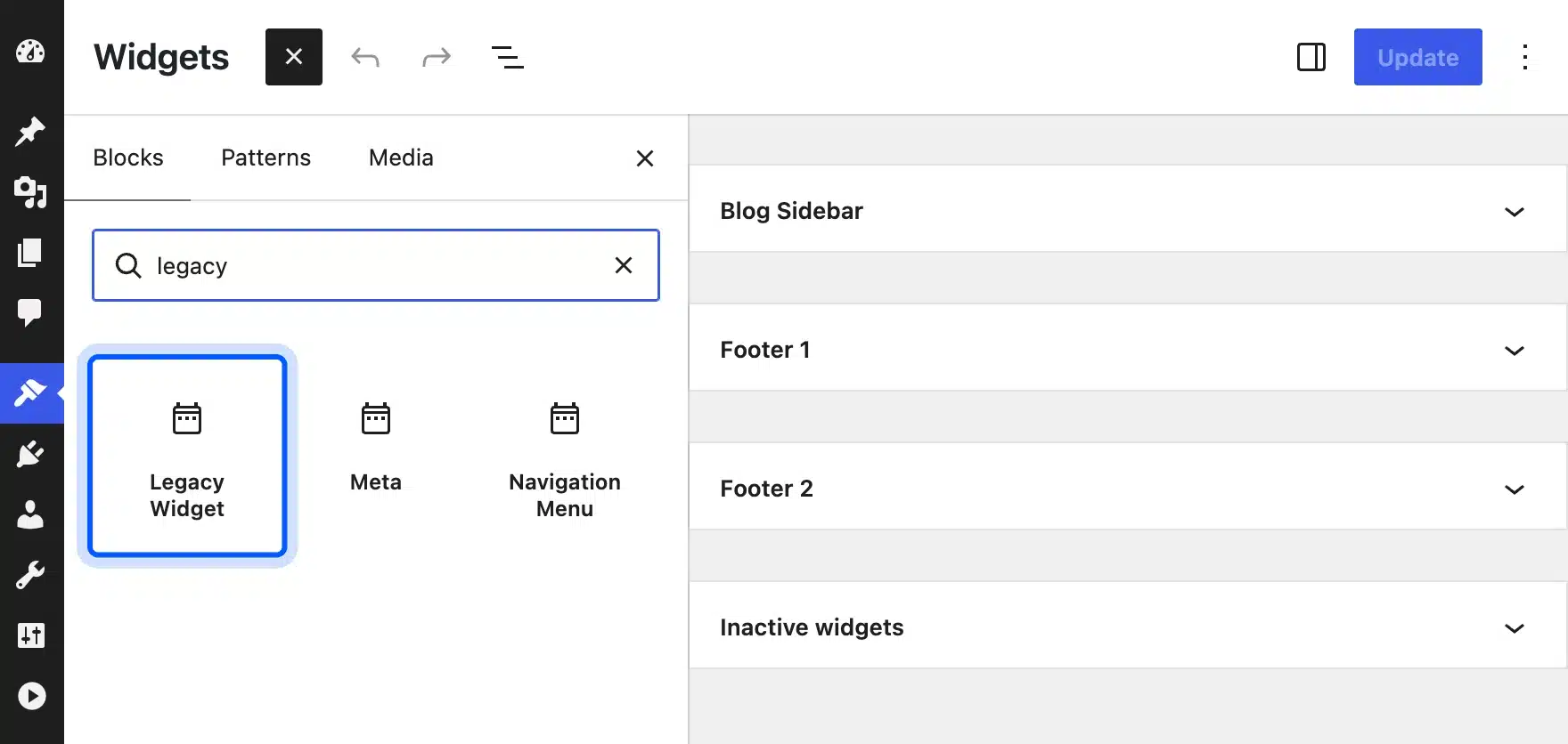 Legacy Widget block in the Widgets screen inserter