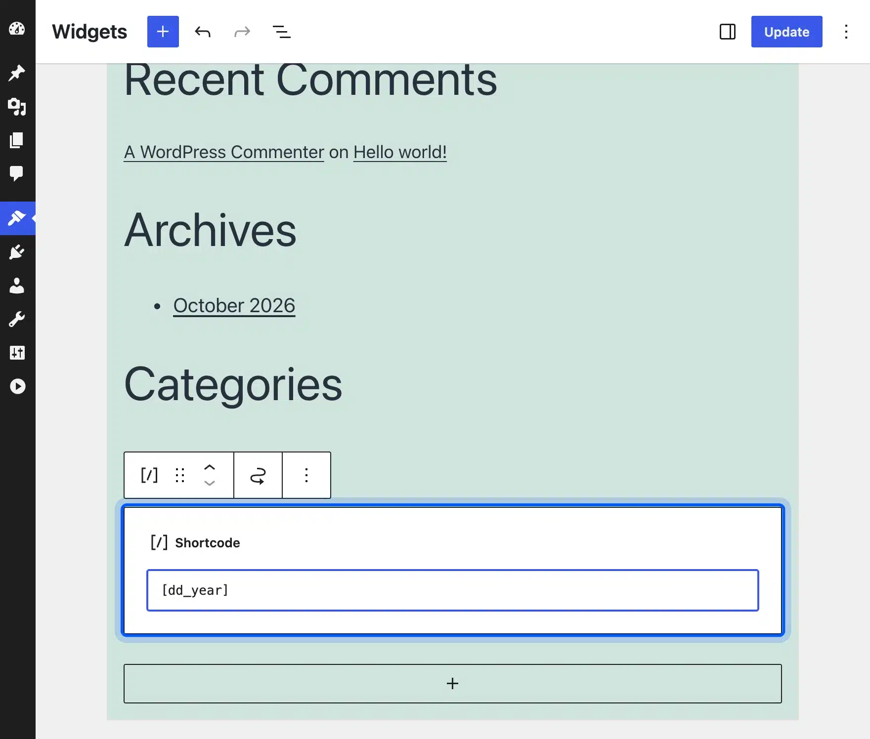 Widgets screen with a Shortcode block in the Footer area