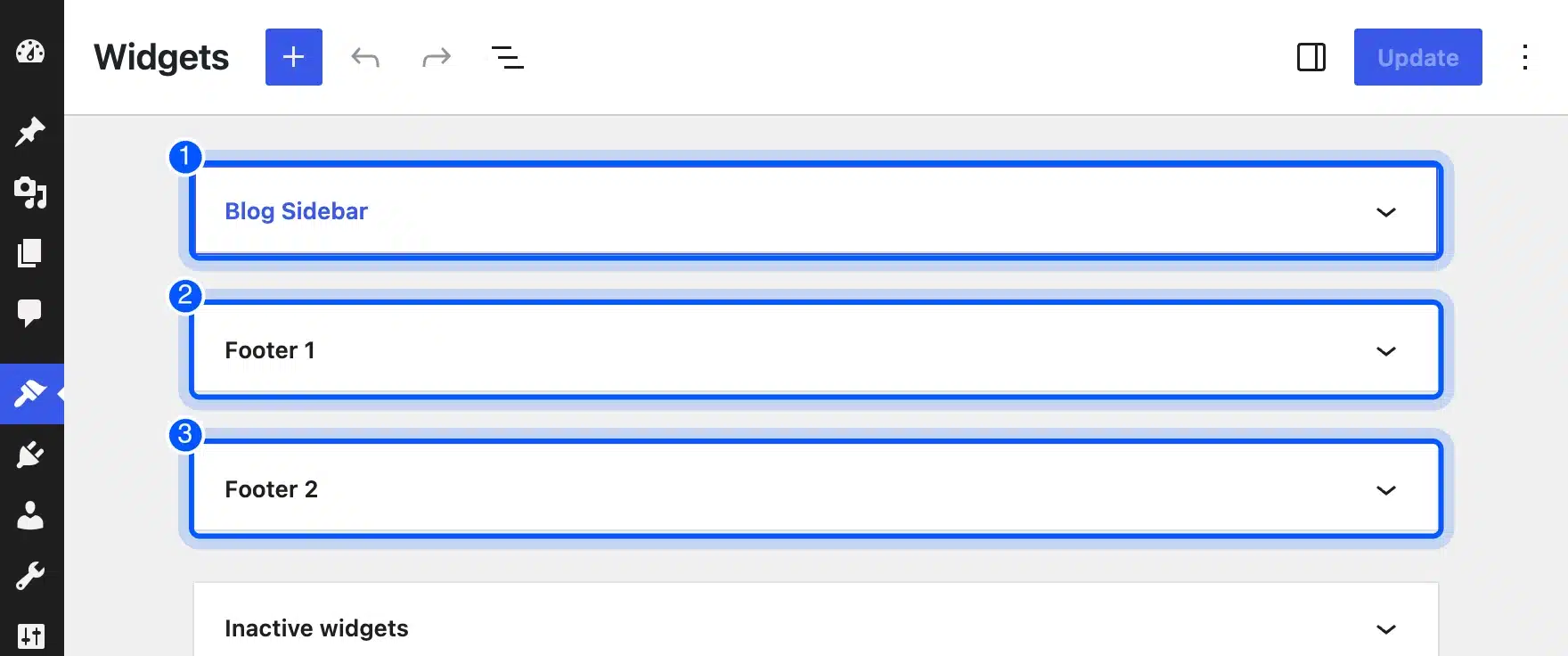 What is a widget in WordPress shown on the Widgets screen with three widget areas