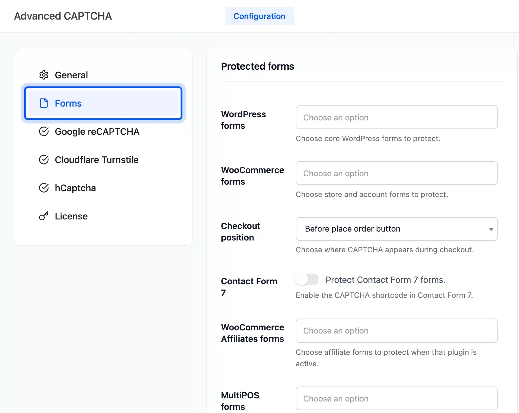Forms tab selected in the Advanced CAPTCHA configuration menu