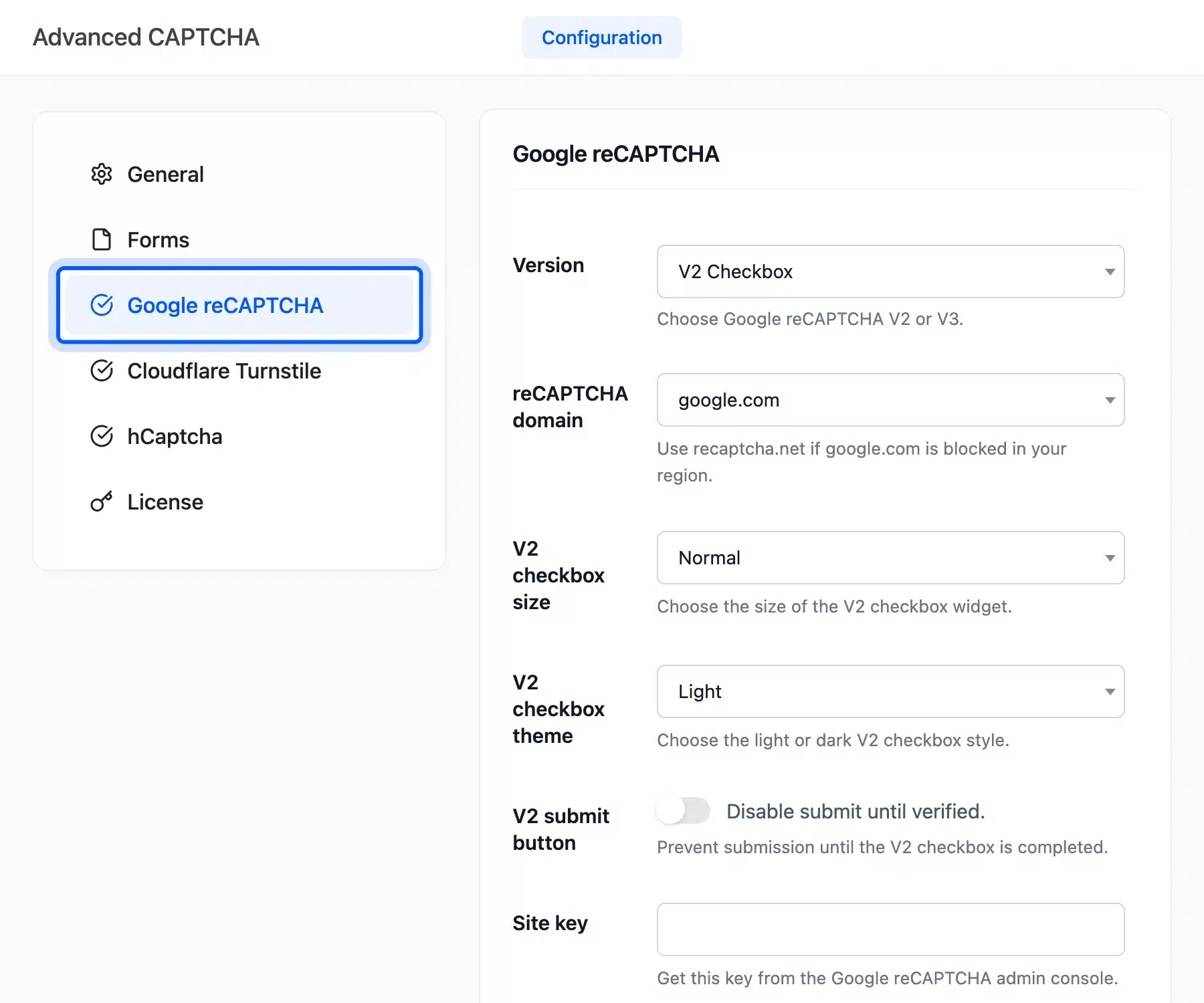 Google reCAPTCHA tab selected in the Advanced CAPTCHA configuration menu