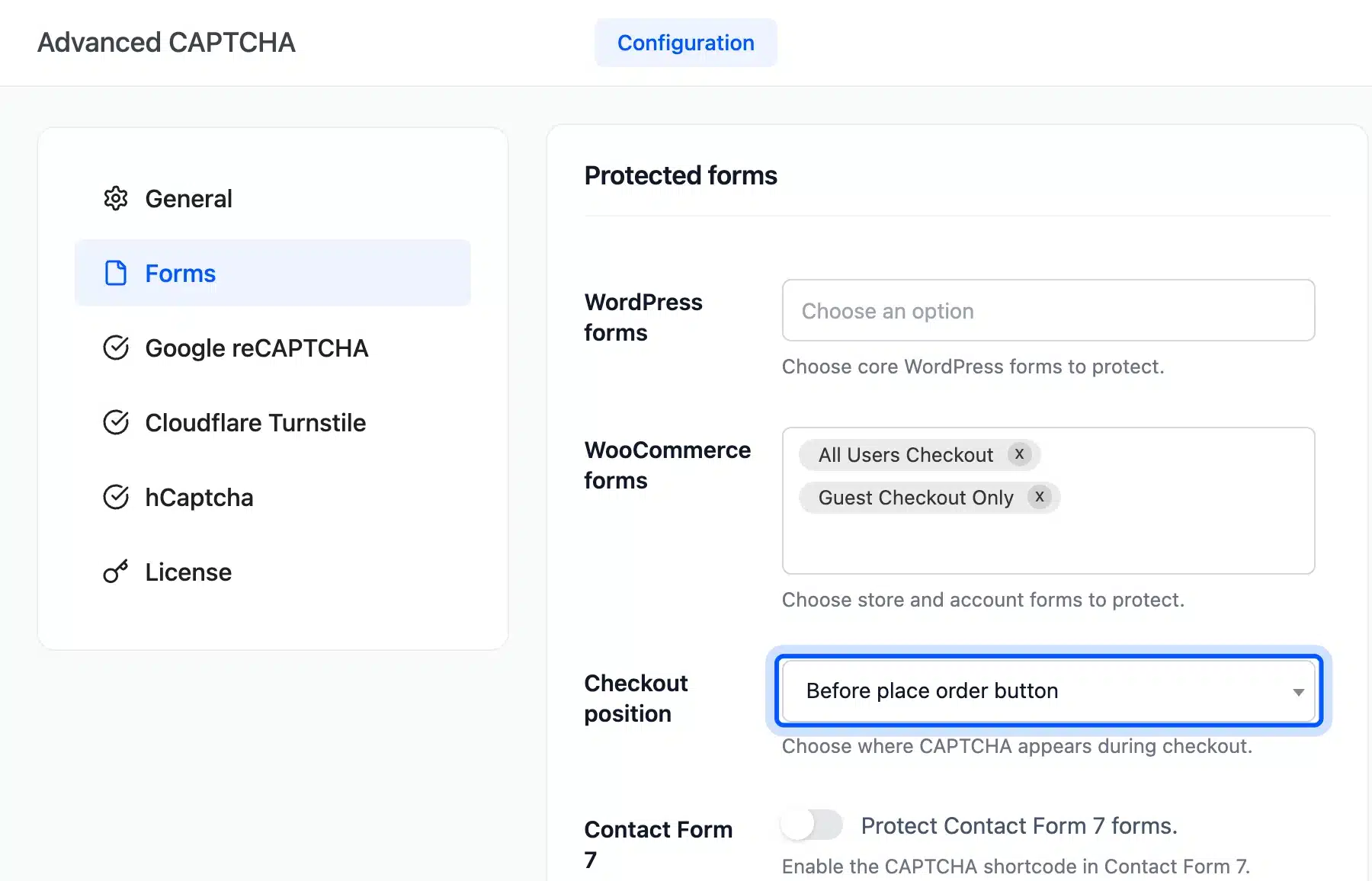 Checkout position dropdown set to Before place order button