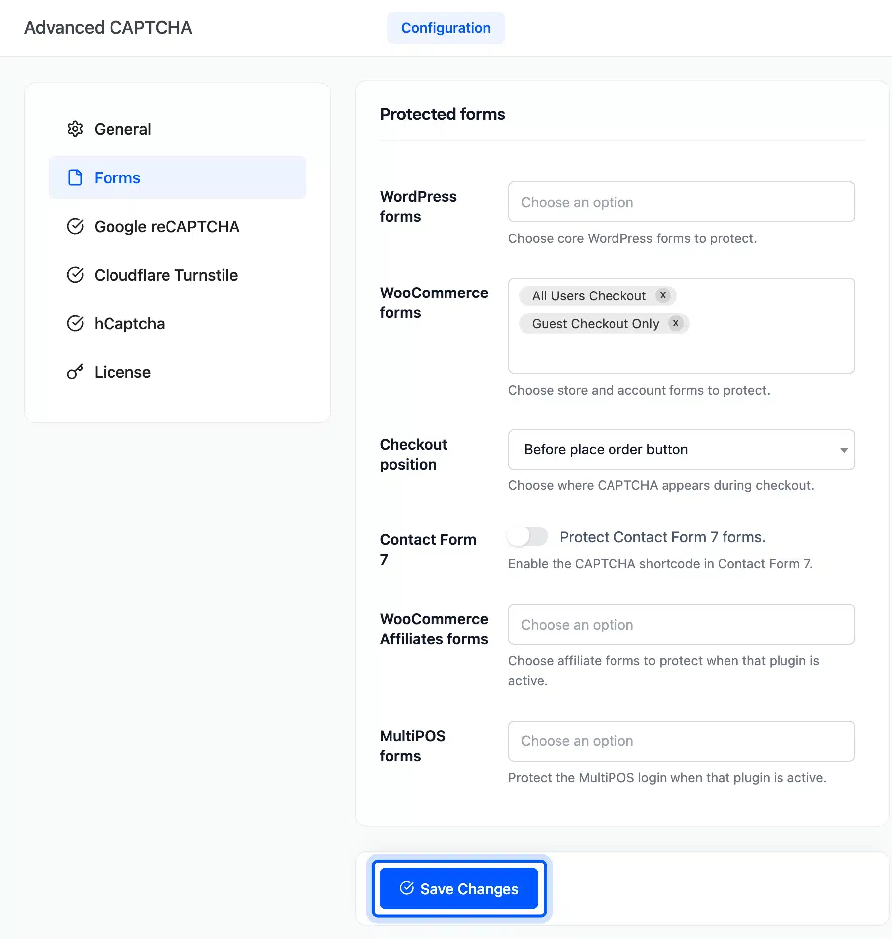 Save Changes button below the Protected forms settings