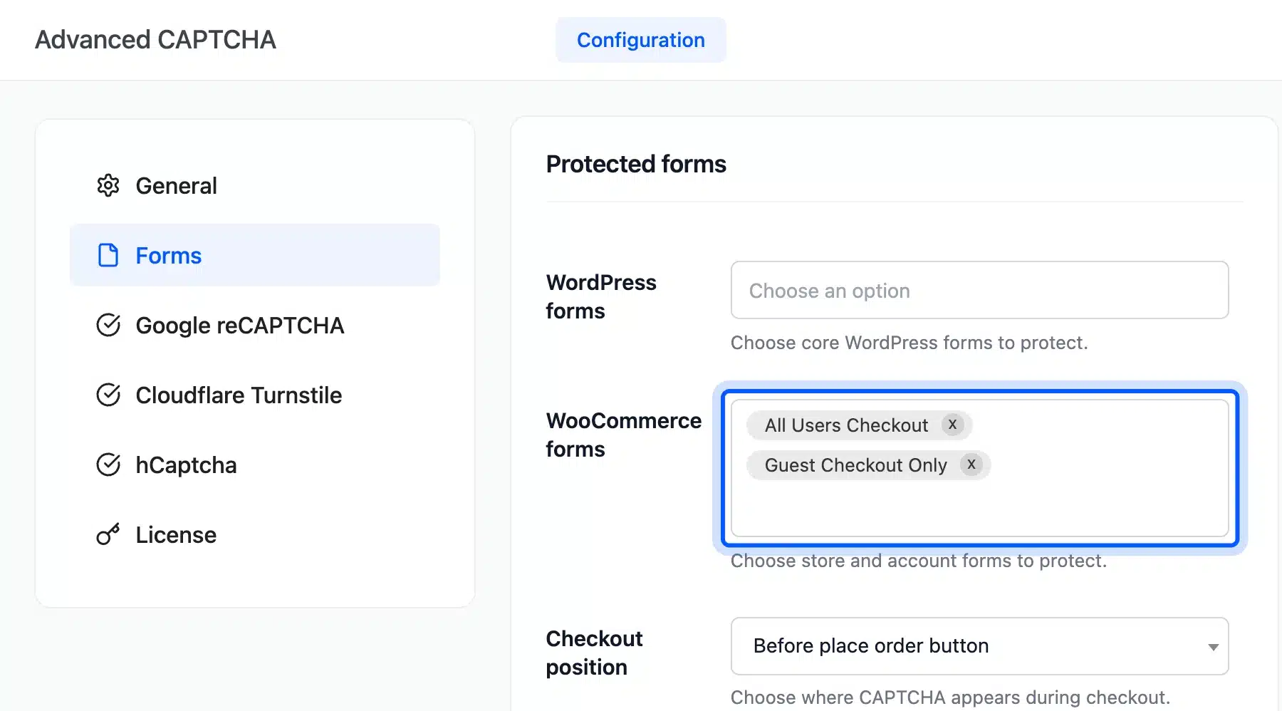 WooCommerce forms field with All Users Checkout and Guest Checkout Only selected