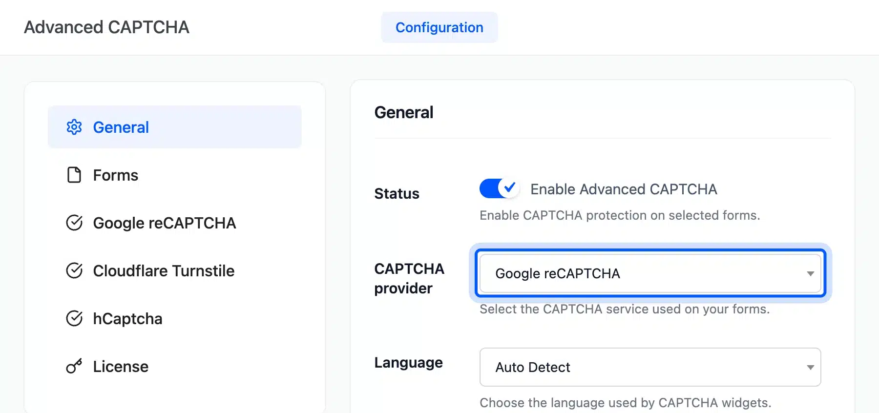 CAPTCHA provider dropdown set to Google reCAPTCHA in the General tab