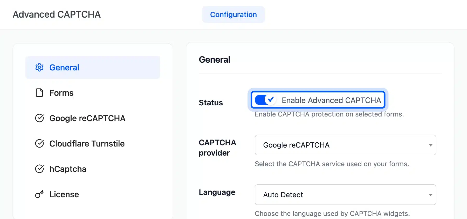 Enable Advanced CAPTCHA switch turned on in the General tab