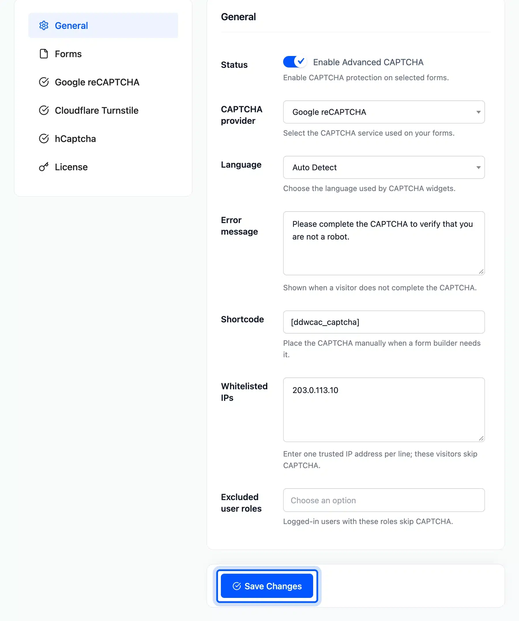 Save Changes button below the General tab settings