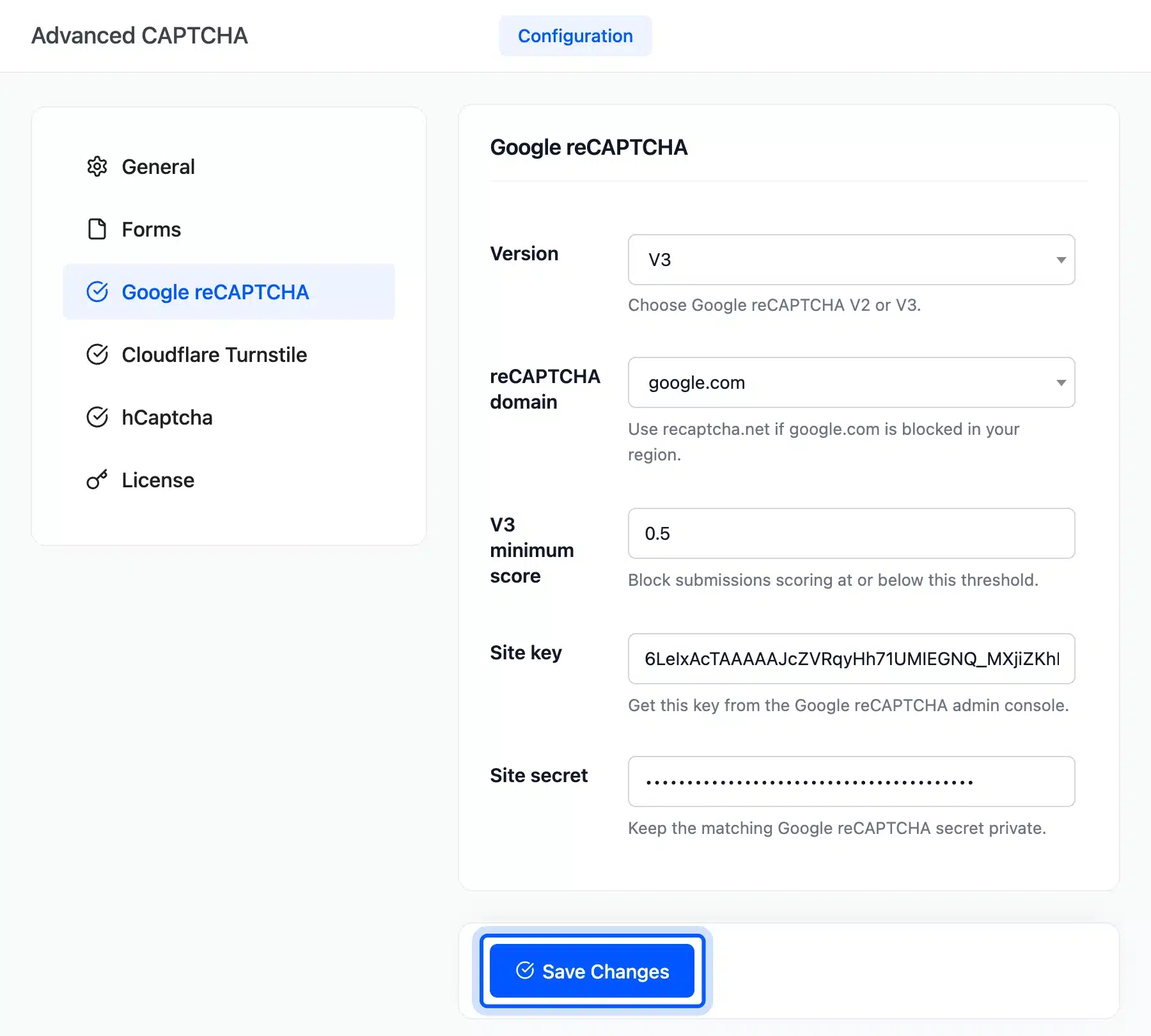 Save Changes button below the Google reCAPTCHA settings