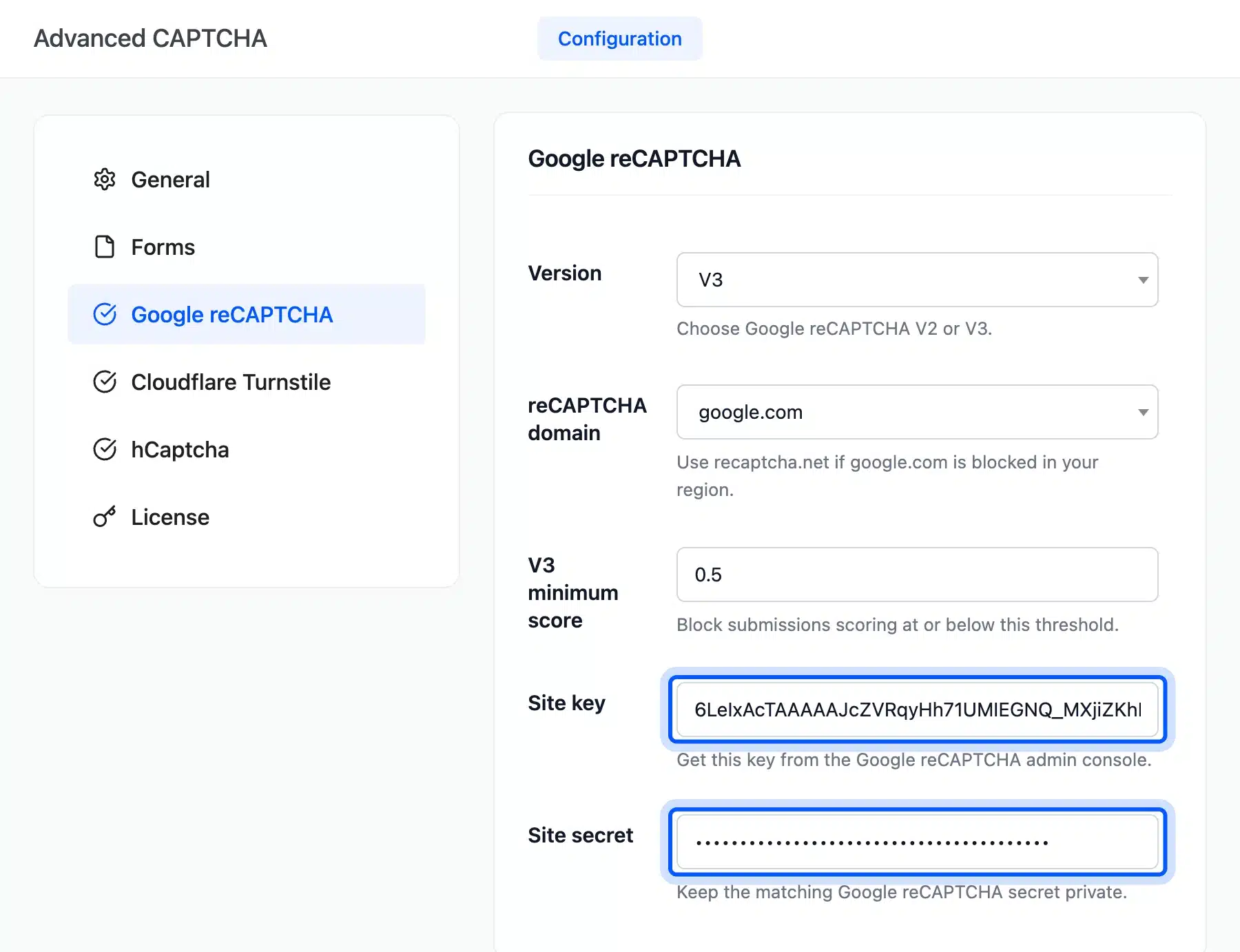 Site key and Site secret fields filled in on the Google reCAPTCHA tab