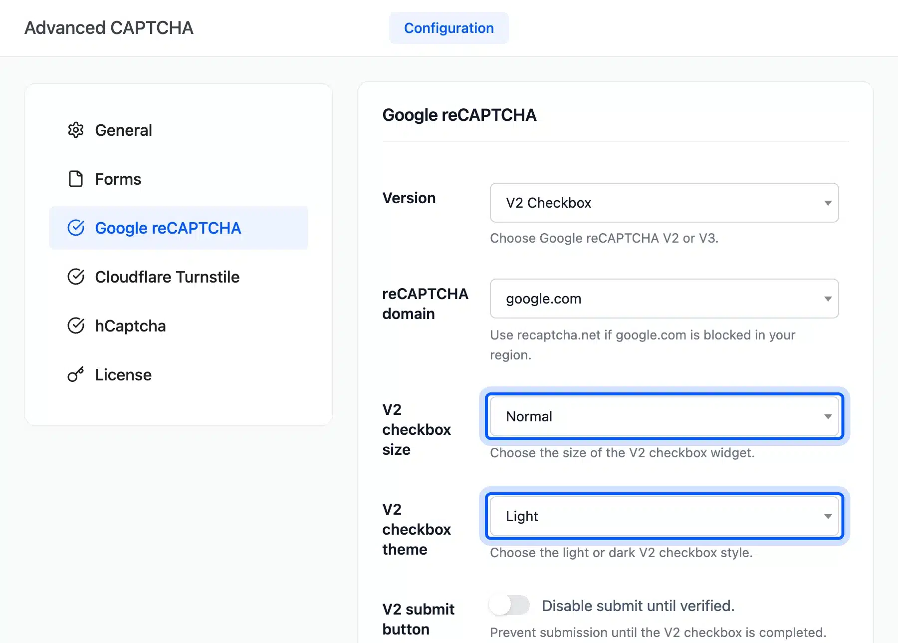 V2 checkbox size and theme dropdowns on the Google reCAPTCHA tab