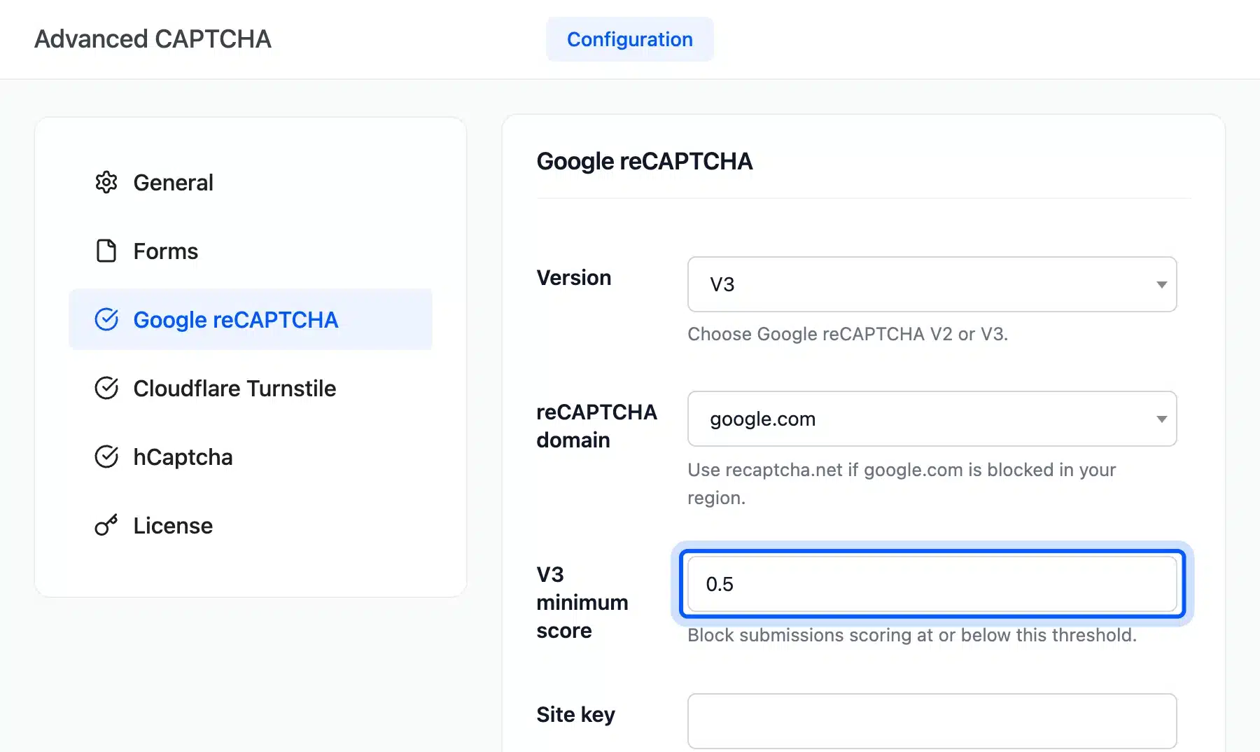V3 minimum score field set to 0.5 on the Google reCAPTCHA tab