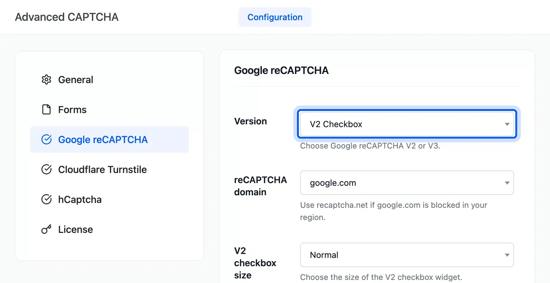 Version dropdown on the Google reCAPTCHA tab set to V2 Checkbox