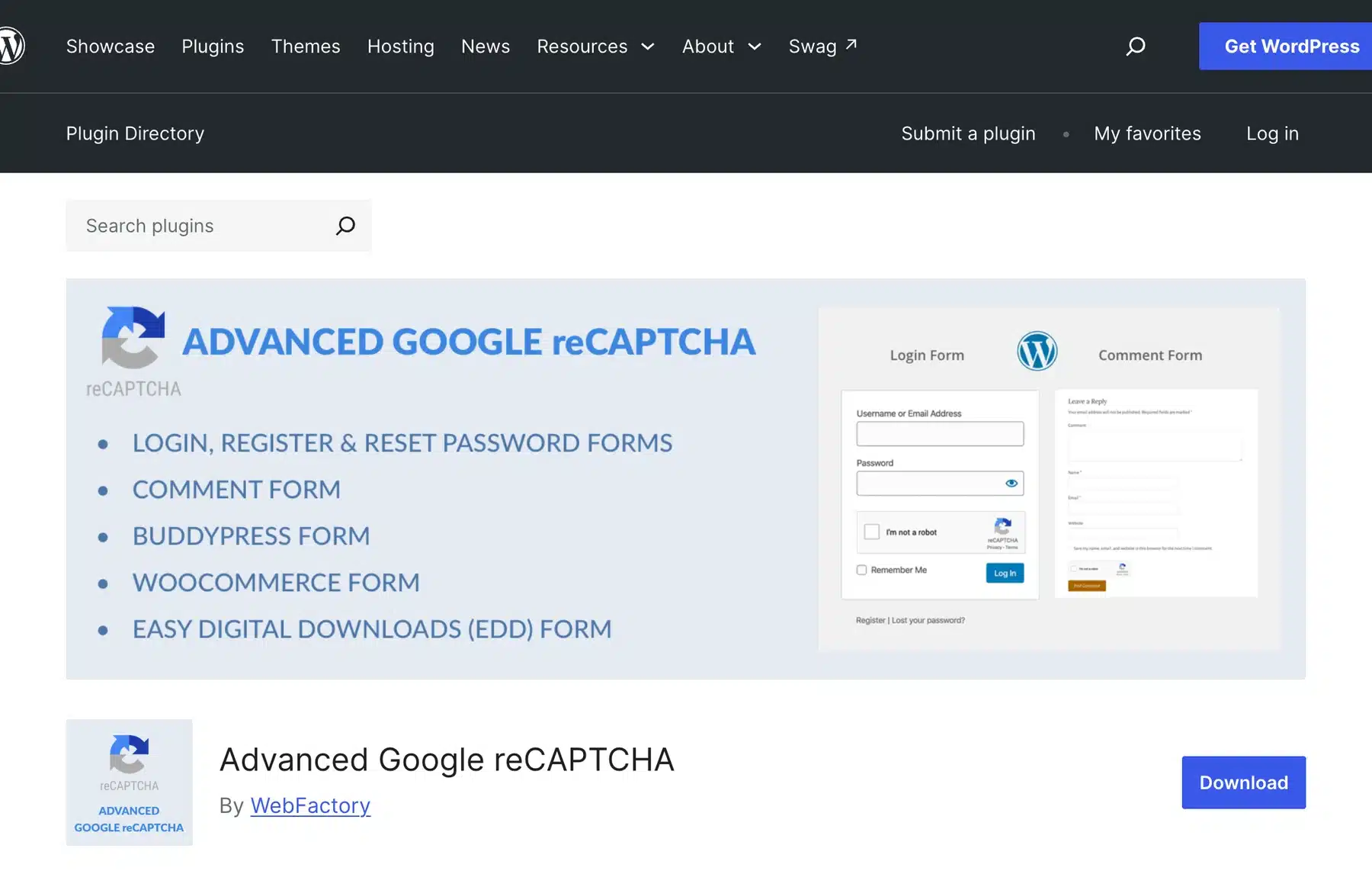 Advanced Google reCAPTCHA plugin page on WordPress.org with its supported forms list