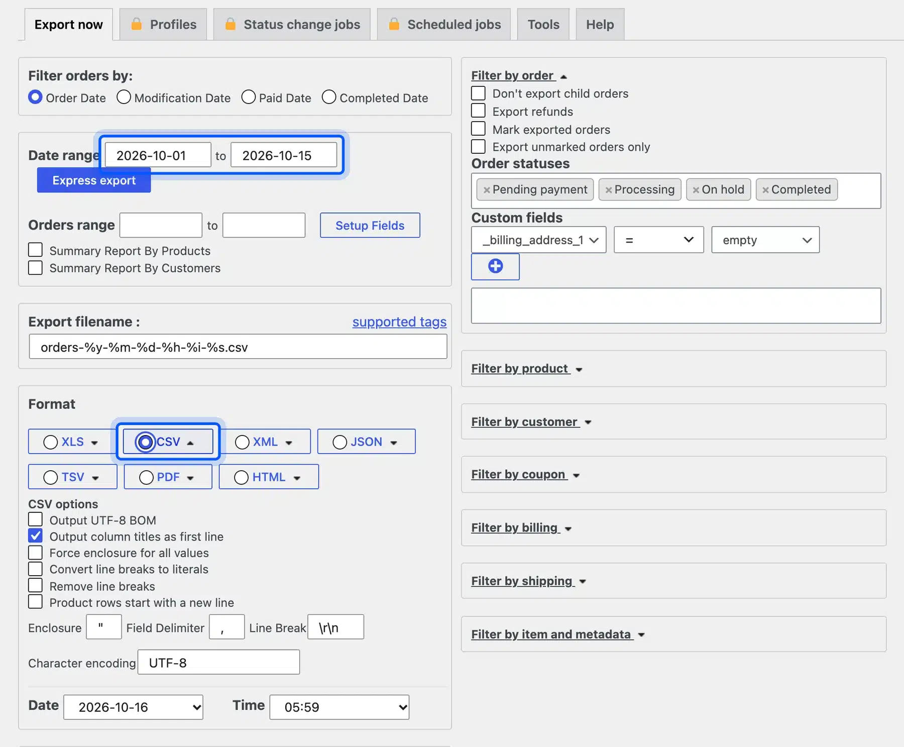 Advanced Order Export for WooCommerce screen with a date range and the CSV format selected