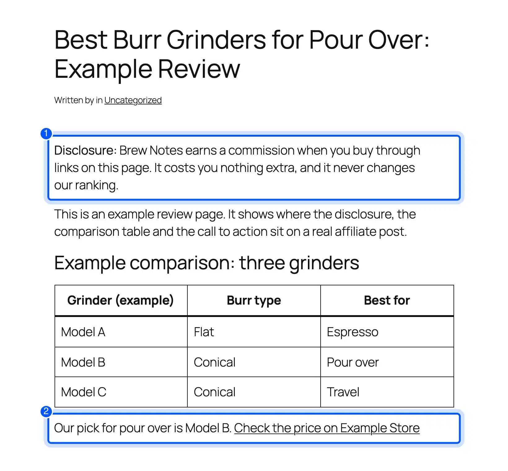 Affiliate review page with a disclosure at the top and a comparison table