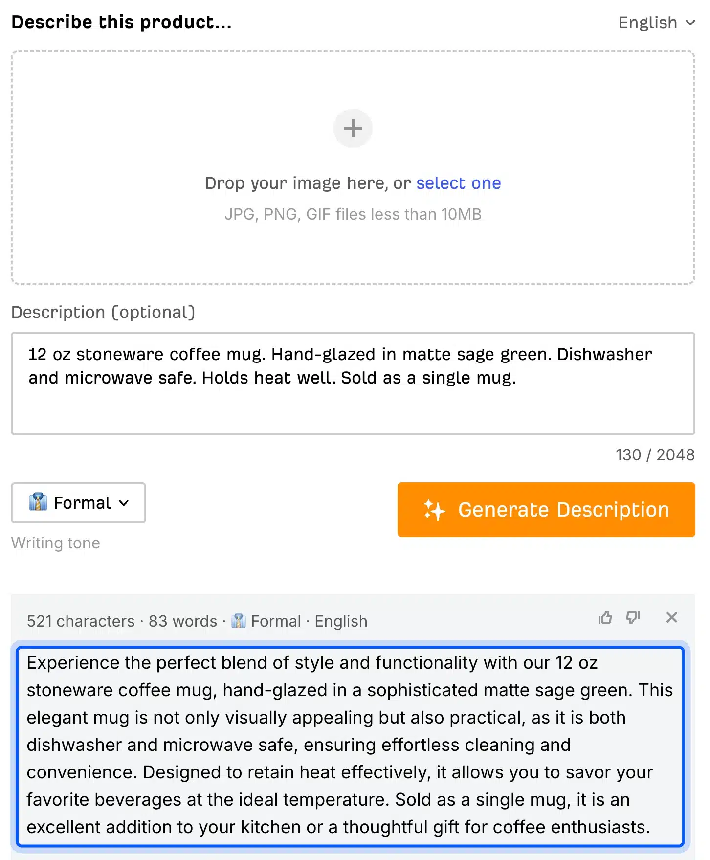 Ahrefs free AI product description generator output for a stoneware mug