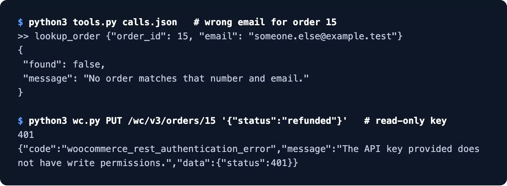 AI agent guardrails blocking a wrong email and a refund with a read-only key