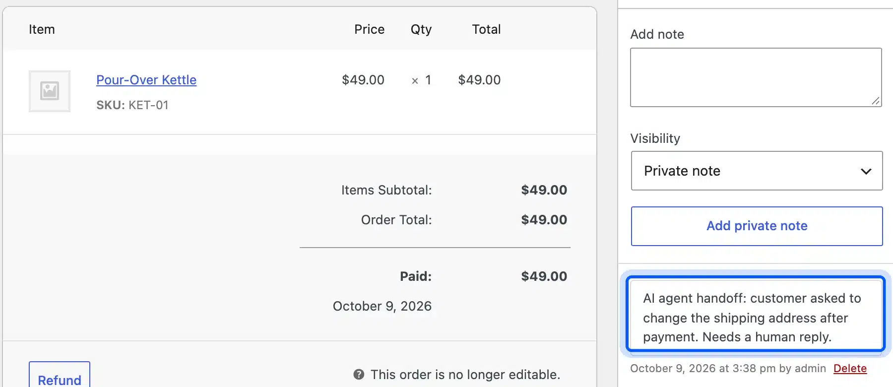 AI agent human handoff note on a WooCommerce order