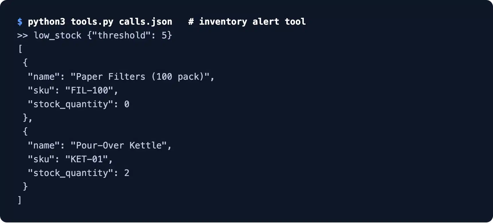 AI agent low stock alert tool listing WooCommerce products